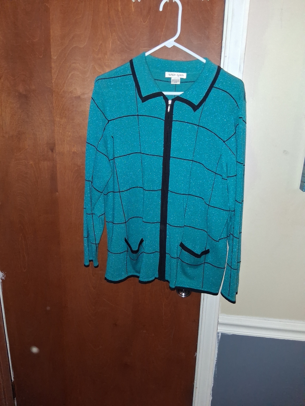 Allison Daley Teal Sparkle Zip Cardigan with Black Trim